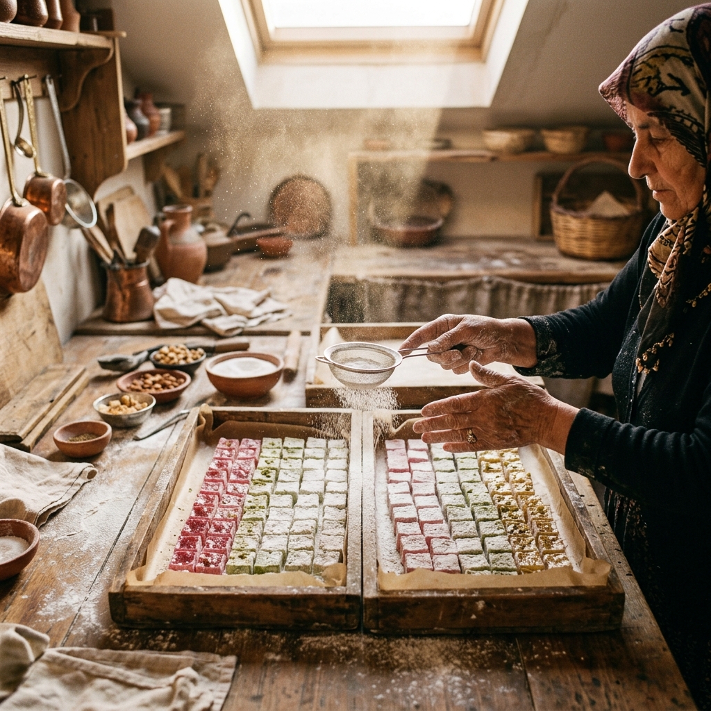 Usta elleri lokum kalıbına pudra şekeri serpiştirirken